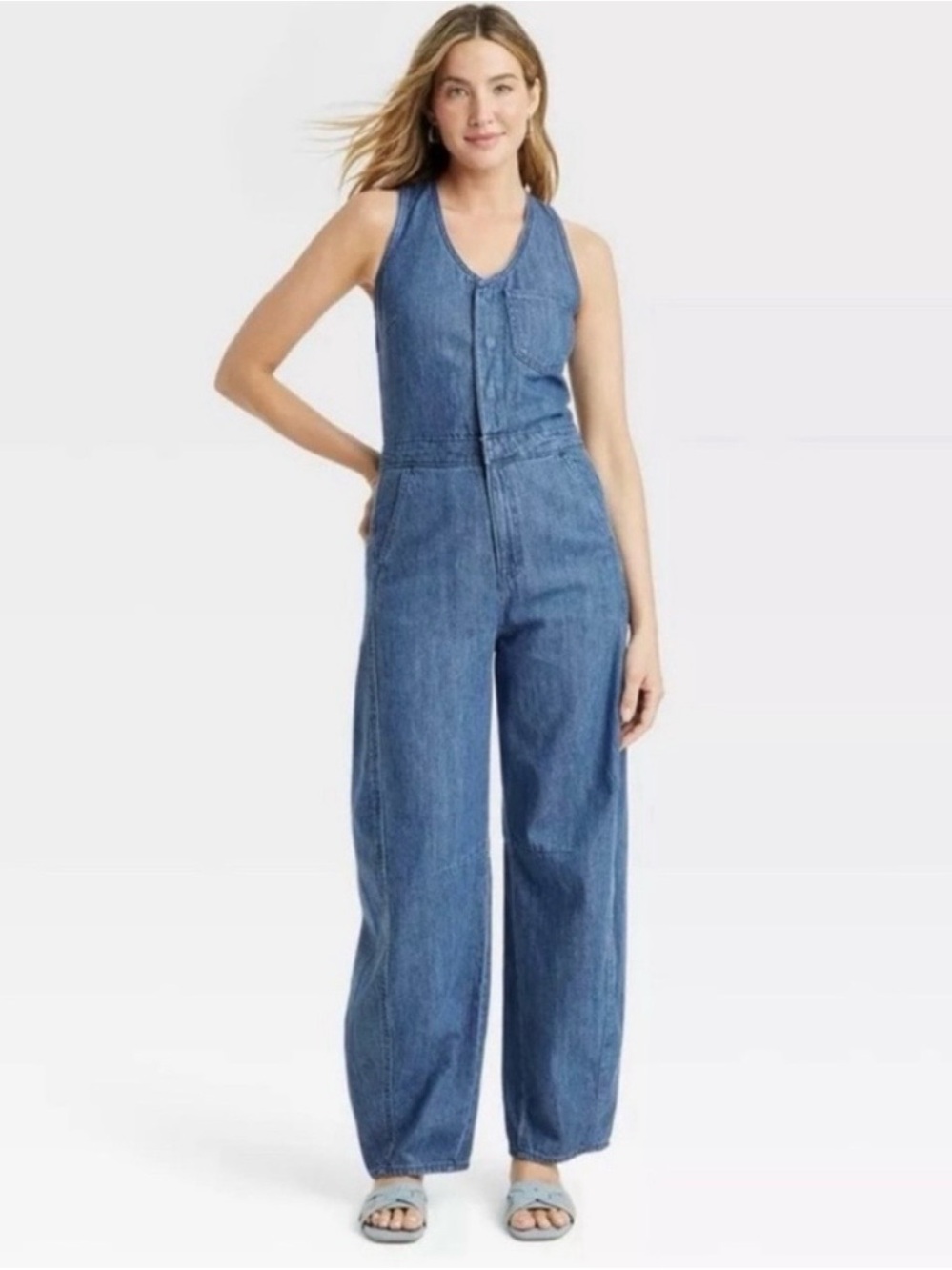 Universal Thread Blue Denim Sleeveless Wide-Leg Jumpsuit